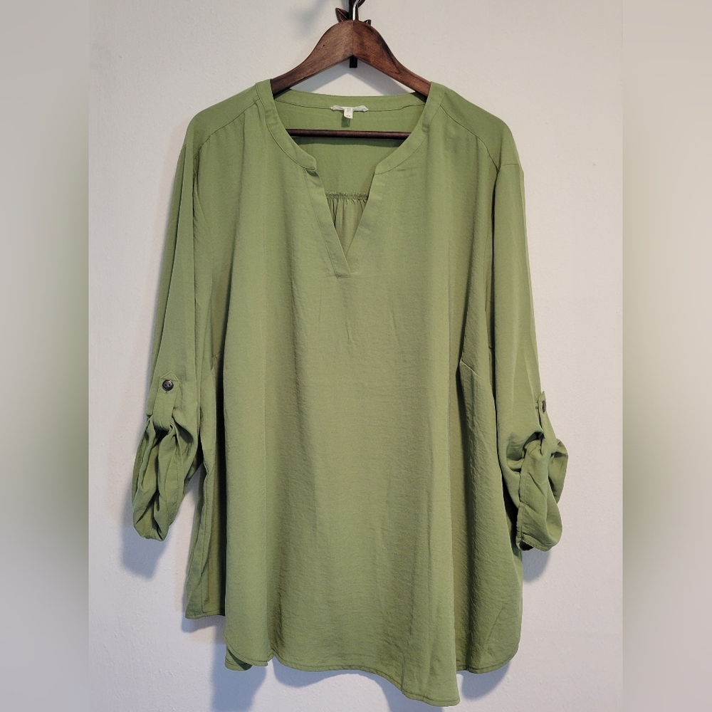 Maurices Womens Plus Size Atwood 3/4 Sleeve Popover Blouse. 4X.  Stone Green